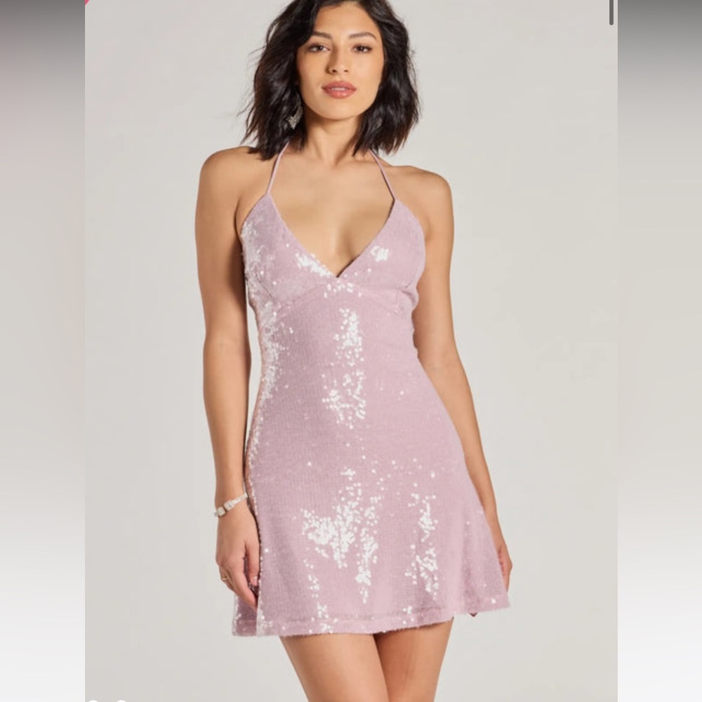 Elegant Pink Sequin Halter Dress